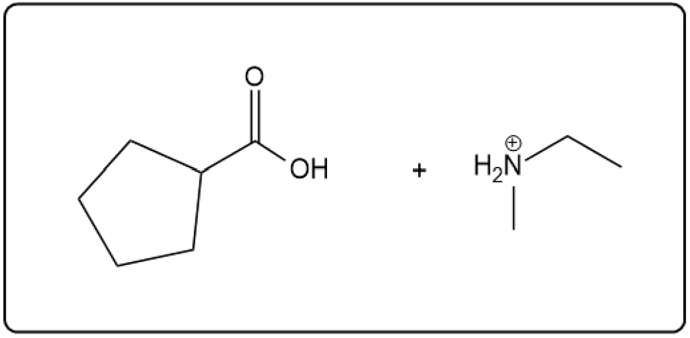 Hydrolysis reaction showing N-ethyl-N-methylcyclopentanecarboxylic acid and amine.