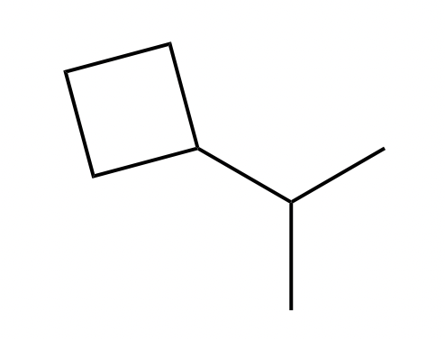 Skeletal structure of propylcyclobutane with a square cyclobutane ring.