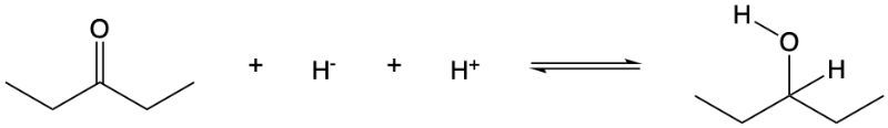 Chemical reaction showing reduction of a carbonyl group with H- and H+.