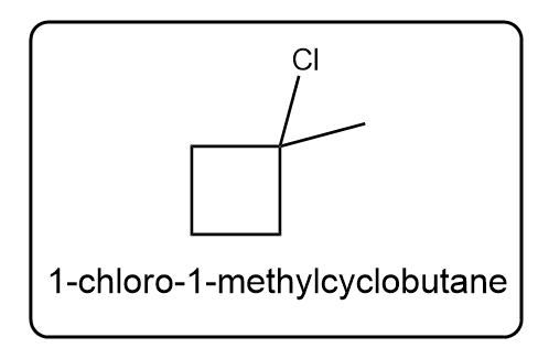 Structure of 1-chloro-1-methylcyclobutane, illustrating its inability for cis-trans isomerism.