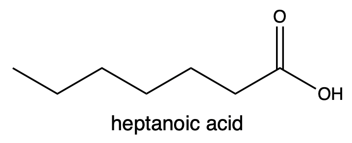 Line-angle formula of heptanoic acid with its name labeled.