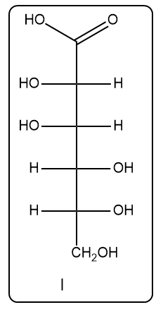 Fischer projection I of an aldohexose with hydroxyl and hydrogen groups.