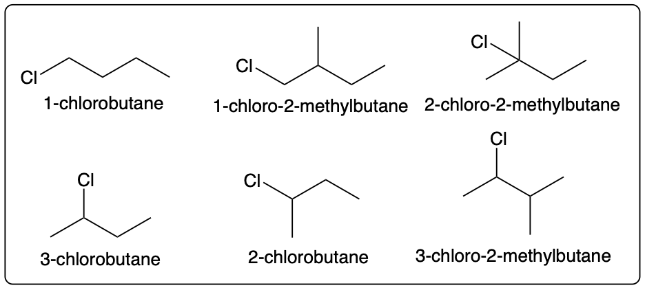 Skeletal structure of 1-chloro-2-methylpropane, an isomer of C4H9Cl.