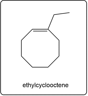 Line-angle structure of ethylcyclooctene, an 8-membered cyclic alkene.