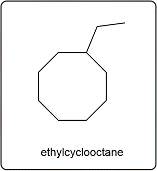 Line-angle structure of ethylcyclooctane, a cyclic alkane with 8 carbon atoms.