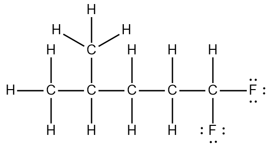 Lewis structure of a carbon chain with fluorine atoms and hydrogen bonds.