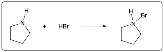 Chemical reaction of an amine with HBr, yielding a brominated amine product.