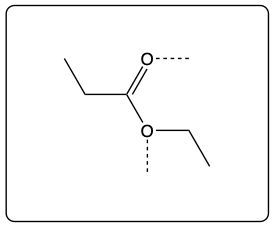 Structure of ethyl propionate with dashed lines indicating hydrogen bond sites with similar molecules.