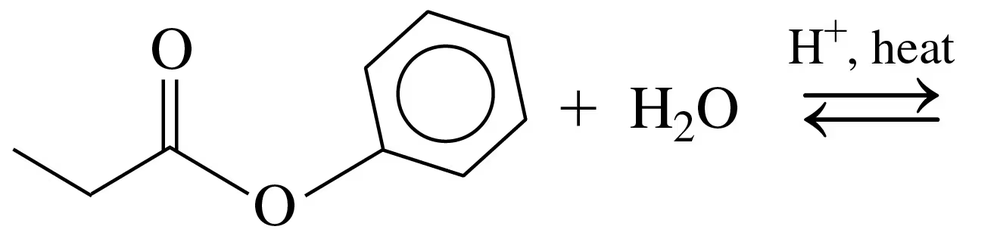 Condensed structural formulas illustrating ester hydrolysis with water, acid catalyst, and heat.