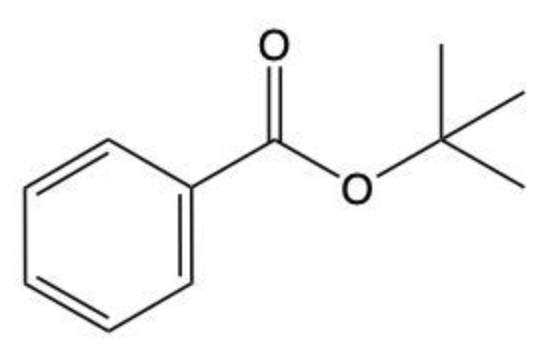 Structural formula of an ester with a benzene ring attached to a carbonyl group linked to a tert-butyl group.