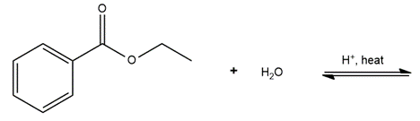 Ester hydrolysis reaction with water and acid catalyst shown in line-angle structure.