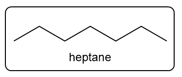 Skeletal structure of heptane, a straight-chain alkane with seven carbon atoms.