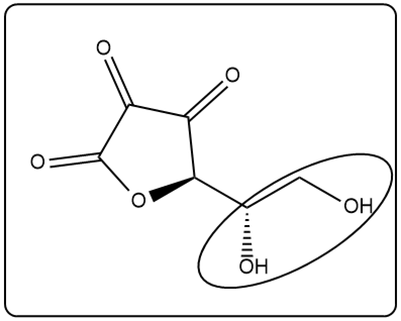 Highlighted oxidized groups in dehydroascorbic acid structure from a different angle.