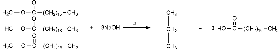 Balanced equation for saponification of glyceryl tristearate with 3 NaOH, showing water production.