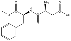 Chemical structure of aspartame with three chiral centers marked with asterisks.