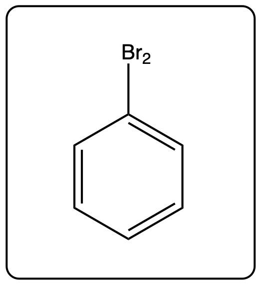 Line-angle formula for bromobenzene with a bromine molecule indicated as Br2.