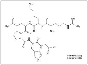 Chemical structure of Arg-His-Pro-Gly-Gln with N-terminal Arg and C-terminal Gln.