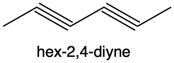 Structure of hex-2,4-diyne, an alkyne with triple bonds at the second and fourth carbons.