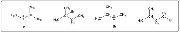 Condensed structural formulas of isopentane halogenation products with one bromine atom.