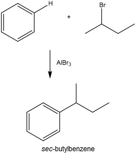 Benzene Friedel Crafts alkylation with 2-bromo-2-methylpropane yielding sec-butylbenzene.