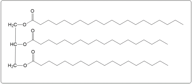 Chemical structure of triacylglycerol for hydrogenation reaction in a box.