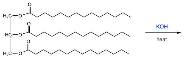 saponification reaction of a triacylglycerol