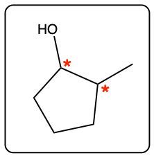 Chemical structure with two chiral centers marked with red asterisks.