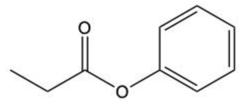 Chemical structure of phenyl propanoate showing a propanoate group bonded to a phenyl ring via an oxygen atom.