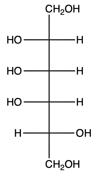 Structure of a sugar with multiple hydroxyl groups and a hydroxymethyl group.