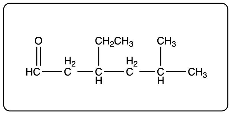 Line-angle formula of 3-ethyl-5-methylhexanal.