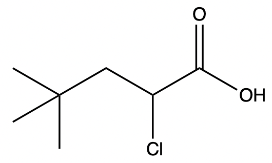 Chemical structure of 5-chloro-2,2-dimethylpentanoic acid for naming practice.