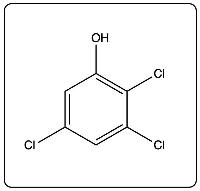 Line-angle structure of 2,3,4-trichlorophenol with hydroxyl and chlorine groups.