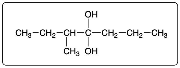 Condensed structural formula of 2,3-dimethyl-3-heptanol with two OH groups.