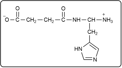 Structure of carnosine with C-terminal amino acid on the left.