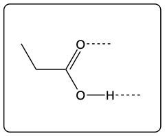 Structure of propionic acid showing hydrogen bonds with dashed lines.