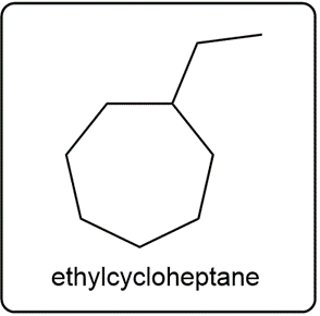 Line-angle structure of ethylcycloheptane, an 8-membered cycloalkane.