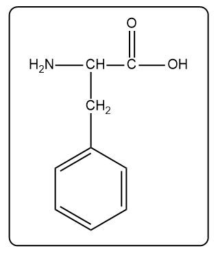 Structure of phenylalanine with an amino group and hydroxyl group.