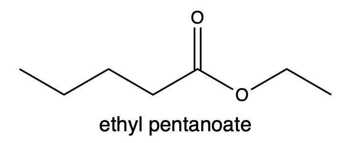 Line-angle formula of ethyl pentanoate with its name labeled.