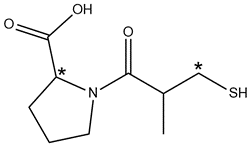 Captopril structure with three chiral centers marked with asterisks.