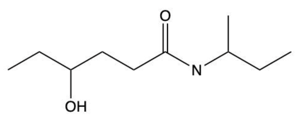 Structural formula of 4-hydroxy-N-methyl-N-propylheptanamide showing hydroxyl, amide, methyl, and propyl groups.