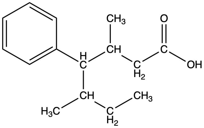 Chemical structure of 3,6-dimethyl-5-phenylheptanoic acid for naming carboxylic acids.