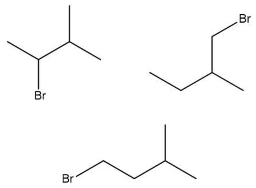 Three structural formulas of alkanes with a single bromine atom substituted at different carbon positions.