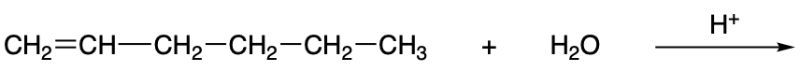 Hydration reaction showing alkene structure with water and H+.