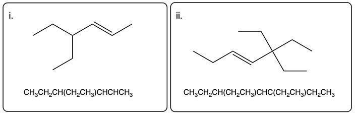 Condensed and line structures for 3-ethylhex-3-ene and 3,5-diethylhept-3-ene.