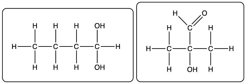 Molecular structures of carboxylic acids C4H8O2, depicting different isomers and functional groups.