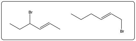 Illustration of two bromohexyne products formed from hex-2-yne and HBr.