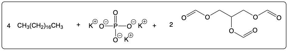 Chemical reaction scheme for lipid hydrolysis, highlighting the breakdown of ester bonds.