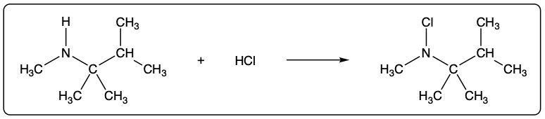 Chemical reaction of an amine with HCl, depicting the formation of a quaternary ammonium salt.
