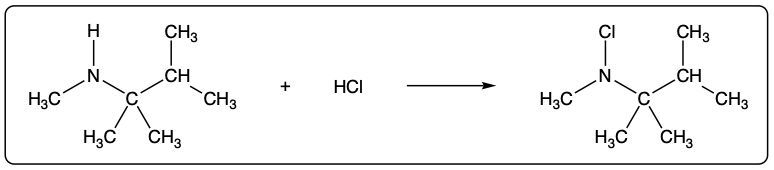 Chemical reaction of an amine with HCl, depicting the formation of a quaternary ammonium salt.