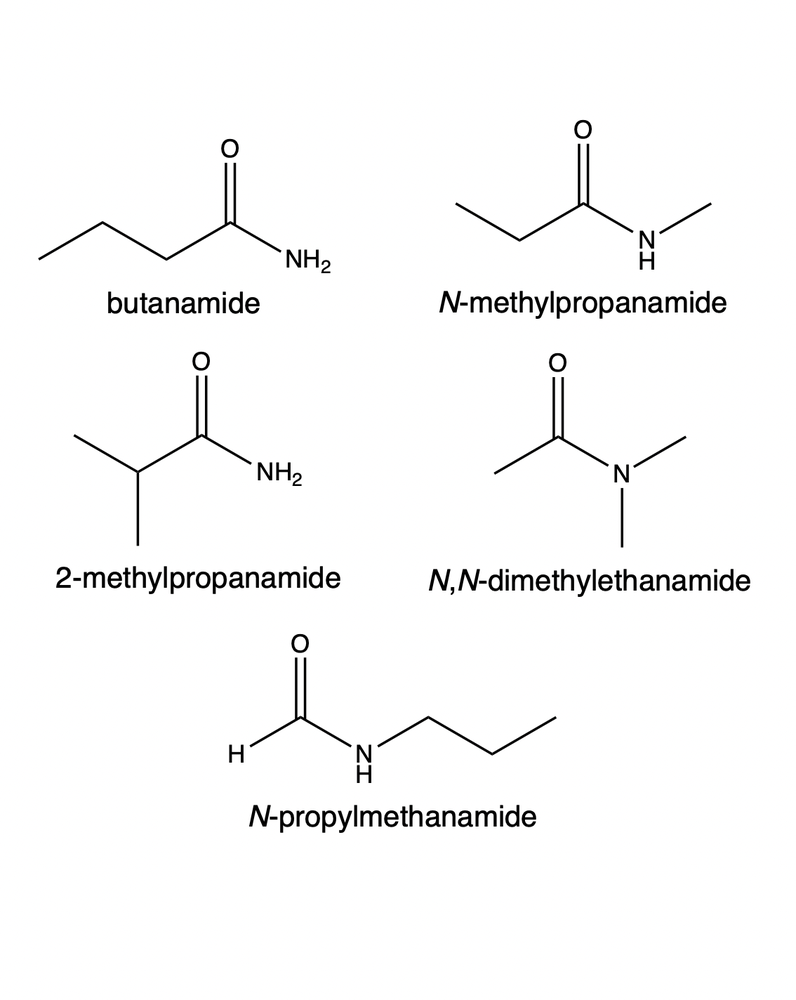 Amide isomers for C4H9NO with corresponding IUPAC names displayed.